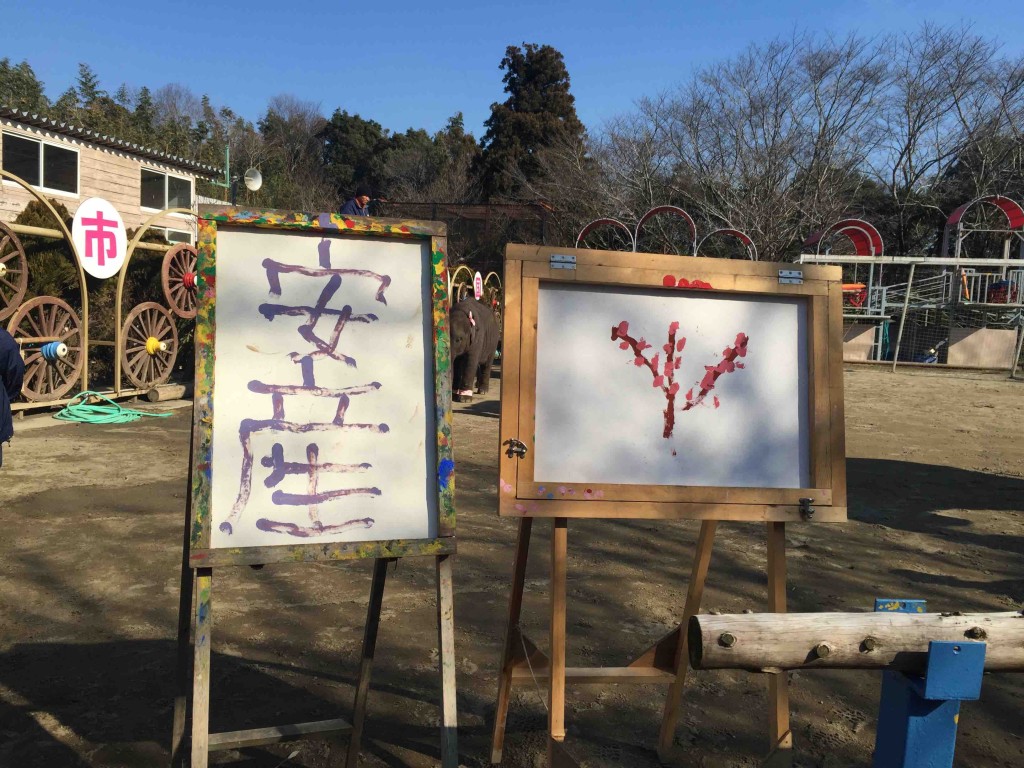 ショーではゾウたちが絵や字を書きます！作品は売店3000〜6000円で販売中（笑）