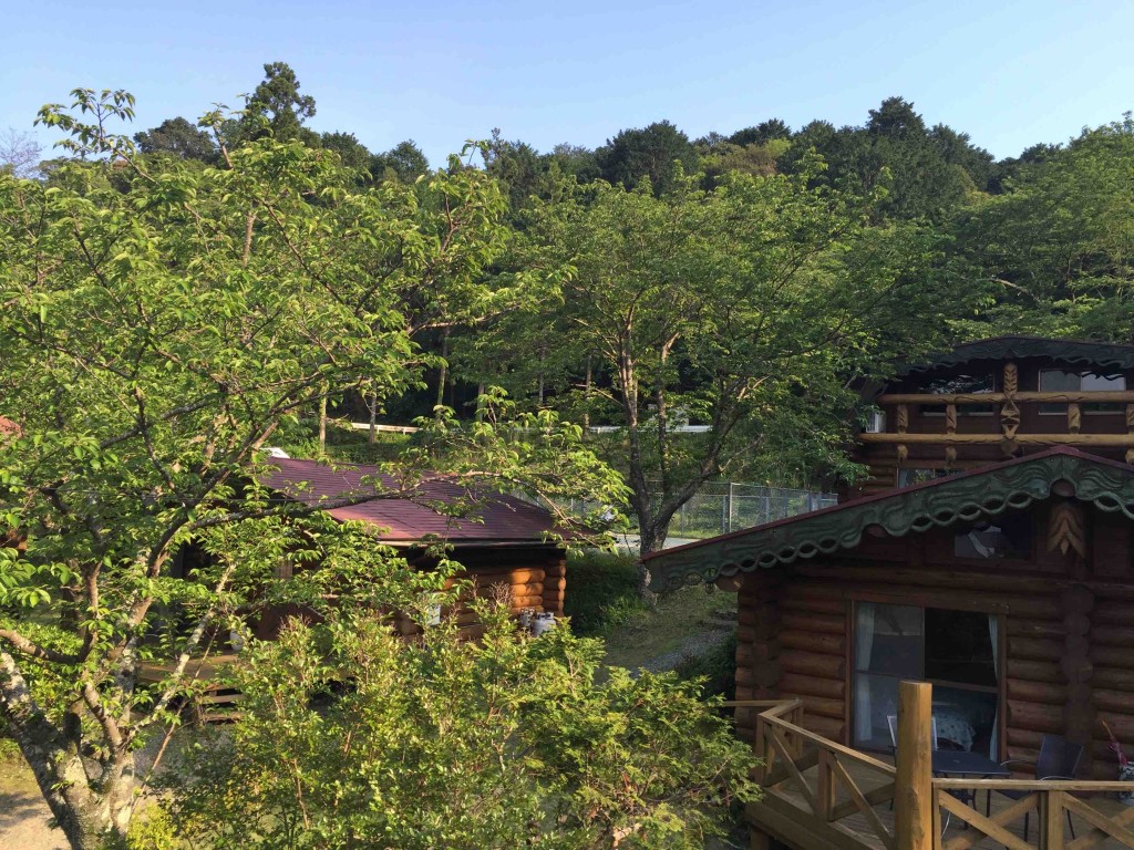 ログハウスは木々に囲まれ、これまた素敵。なんとオーナーの手作りです。